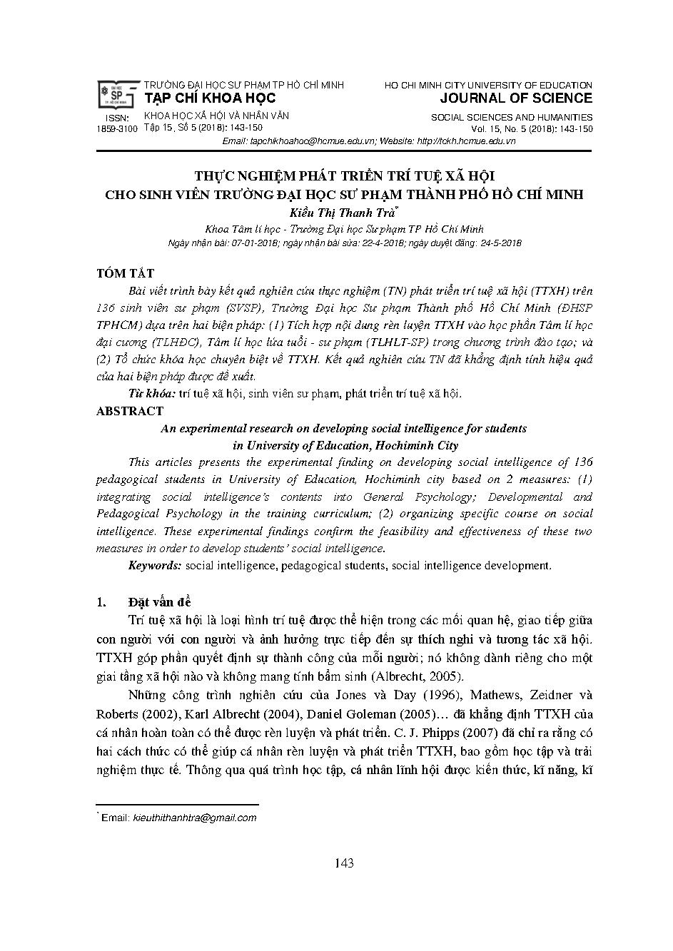 Thực nghiệm phát triển trí tuệ xã hội cho sinh viên trường đại học sư phạm thành phố Hồ Chí Minh