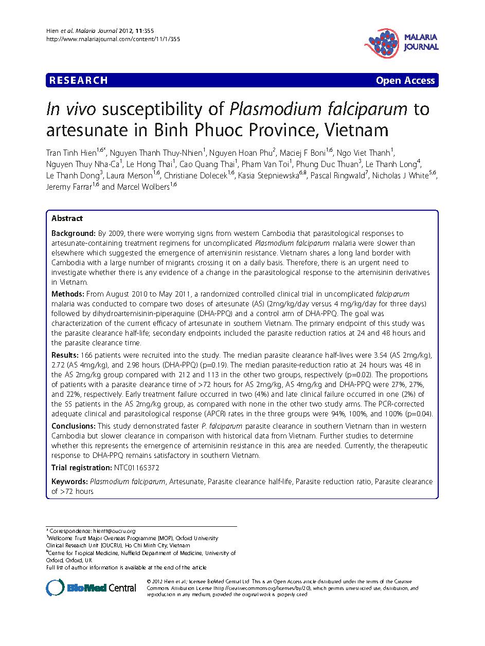 In vivo susceptibility of Plasmodium falciparum to artesunate in Binh Phuoc Province, Vietnam