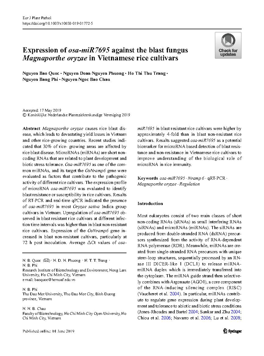 Expression of  osa-miR7695 against the blast fungus Magnaporthe oryzae in Vietnamese rice cultivars