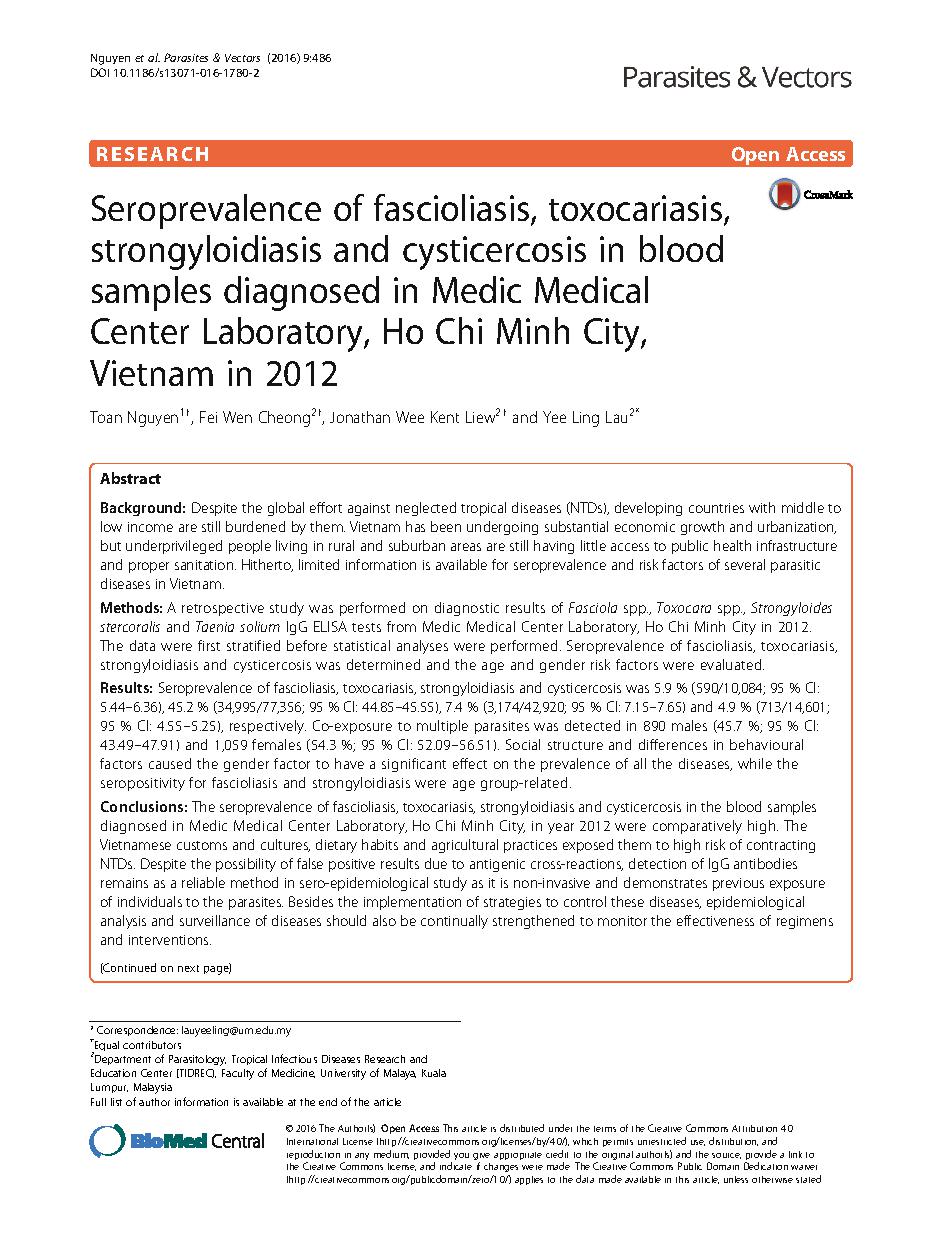 Seroprevalence of fascioliasis, toxocariasis, strongyloidiasis and cysticercosis in blood samples diagnosed in Medic Medical Center Laboratory, Ho Chi Minh City, Vietnam in 2012