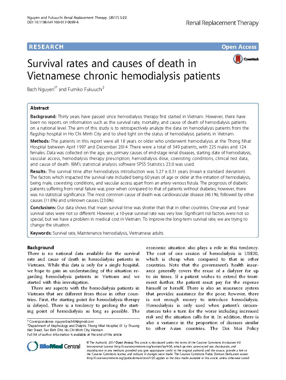 Survival rates and causes of death in Vietnamese chronic hemodialysis patients