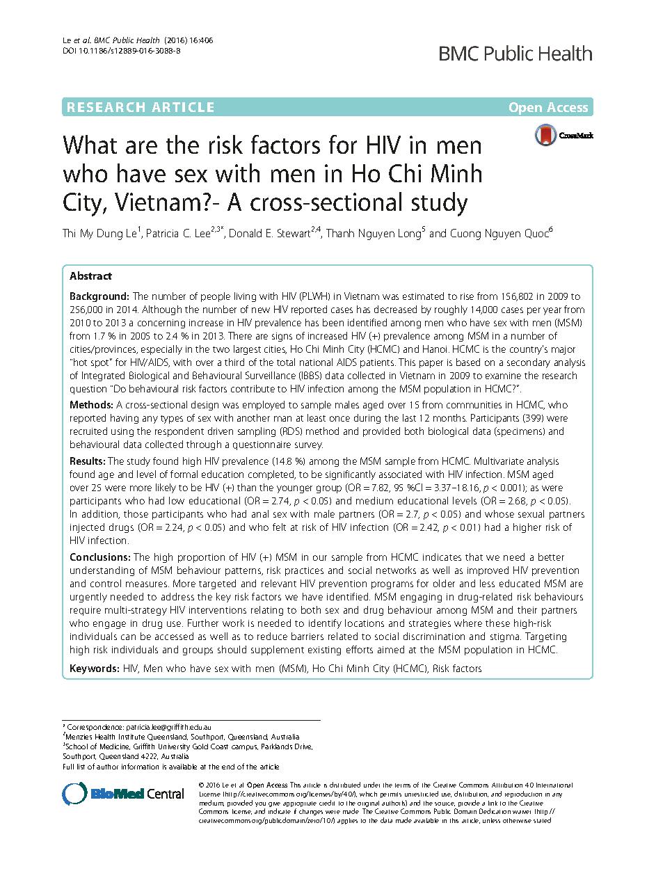 What are the risk factors for HIV in men who have sex with men in Ho Chi Minh City, Vietnam?- A cross-sectional study