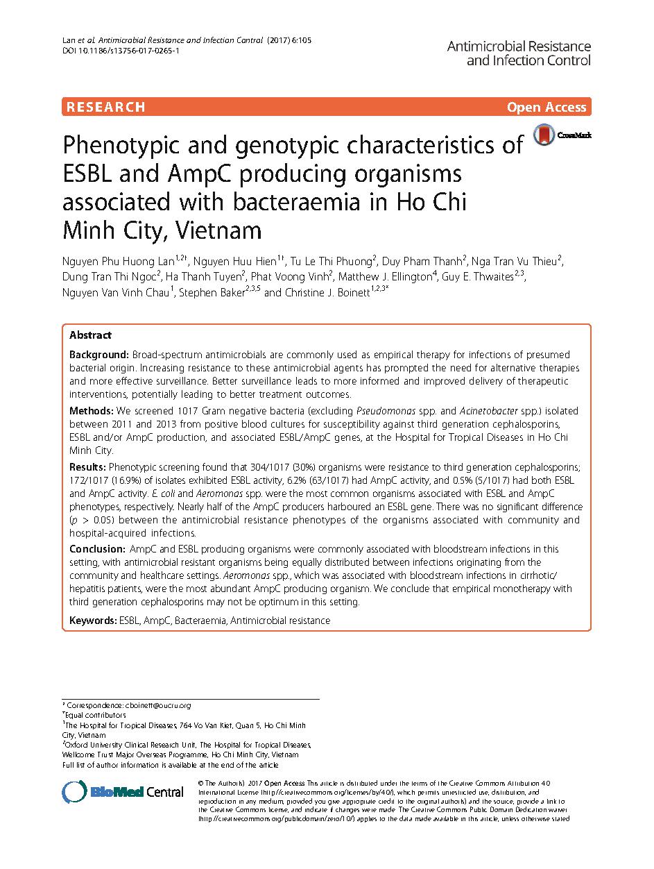 Phenotypic and genotypic characteristics of ESBL and AmpC producing organisms associated with bacteraemia in Ho Chi Minh City, Vietnam