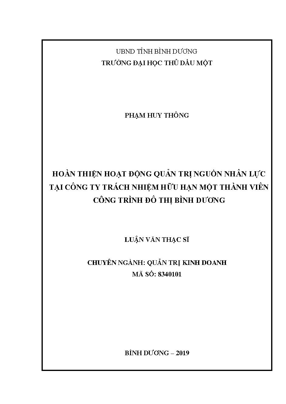 Hoàn thiện hoạt động quản trị nguồn nhân lực tại công ty trách nhiệm hữu hạn một thành viên công trình đô thị Bình Dương