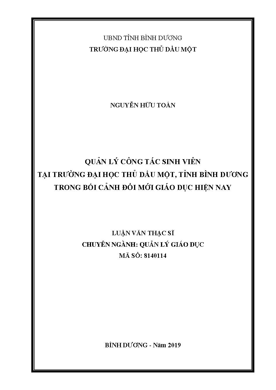 Quản lý công tác sinh viên tại trường đại học Thủ Dầu Một, tỉnh Bình Dương trong bối cảnh đổi mới giáo dục hiện nay