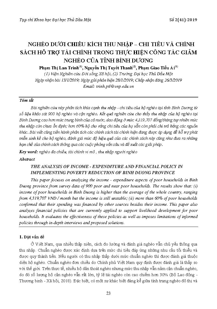 Nghèo dưới chiều kích thu nhập - Chi tiêu và chính sách hỗ trợ tài chính trong thực hiện công tác giảm nghèo của tỉnh Bình Dương