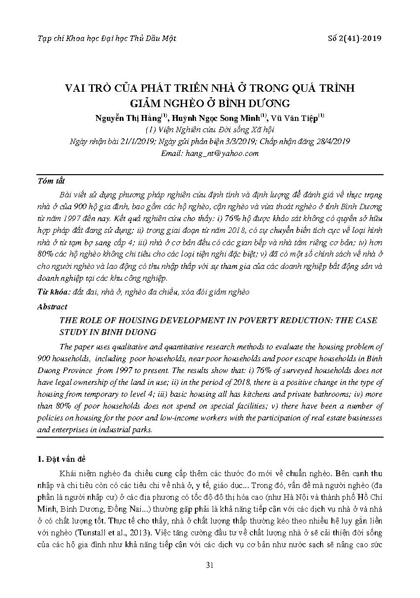 Vai trò của phát triển nhà ở trong quá trình giảm nghèo ở Bình Dương