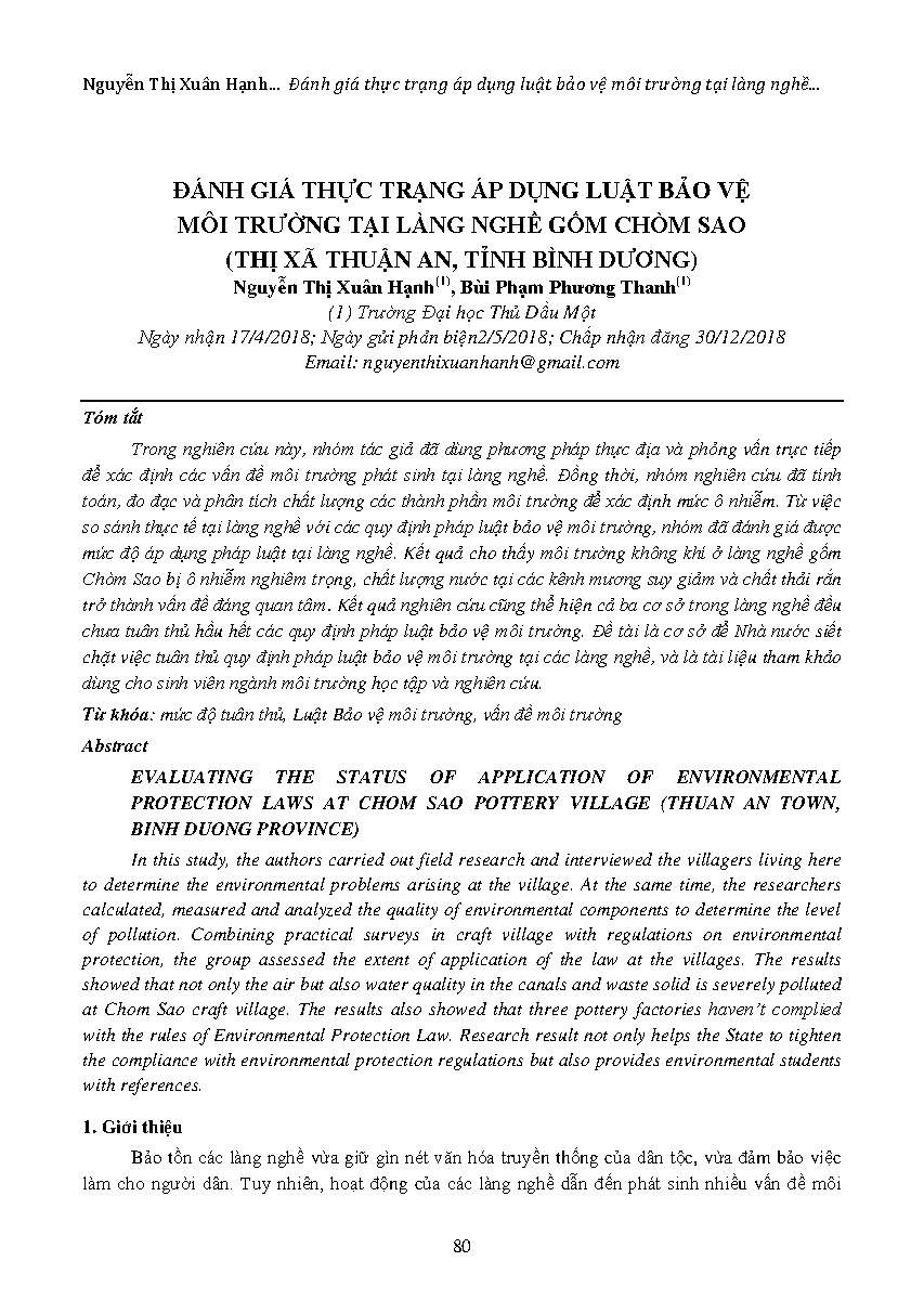 Đánh giá thực trạng áp dụng luật bảo vệ môi trường tại làng nghề gốm Chòm Sao (Thị xã Thuận An, tỉnh Bình Dương)