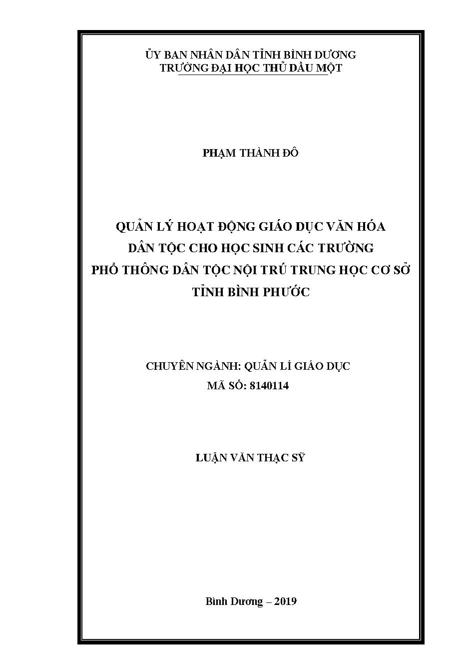 Quản lý hoạt động giáo dục văn hóa dân tộc cho học sinh các trường phổ thông dân tộc nội trú trung học cơ sở tỉnh Bình Phước