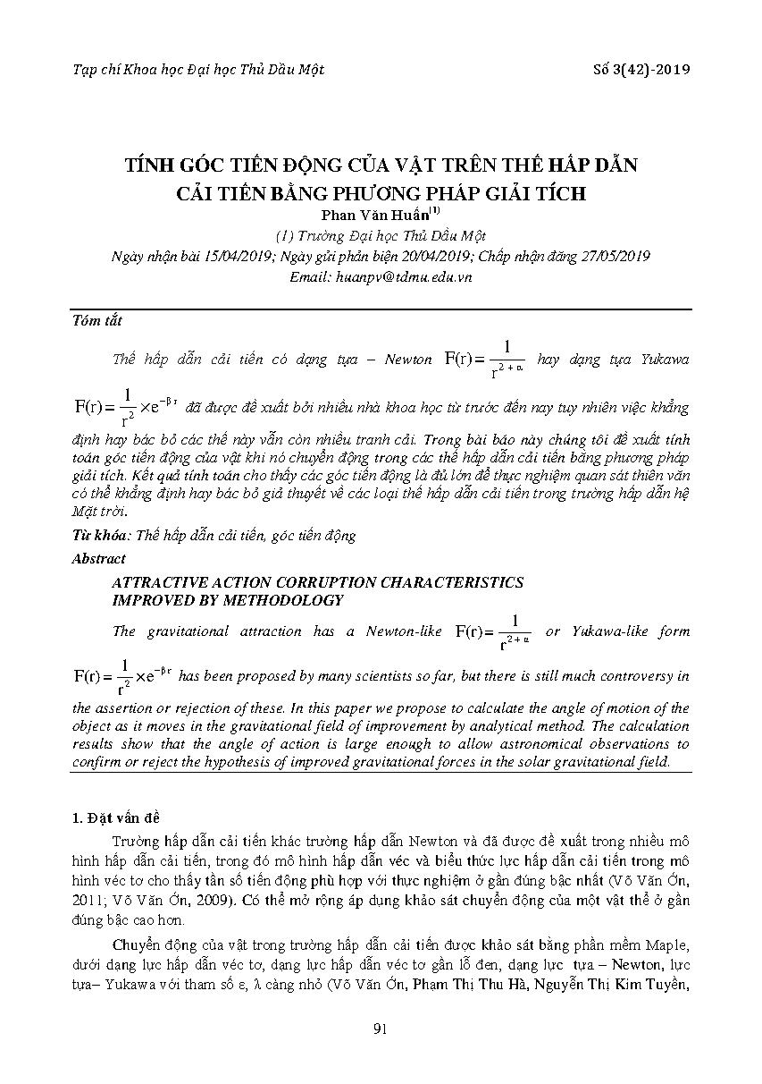Tính góc tiếng động của vật trên thế hấp dẫn cải tiến bằng phương pháp giải tích
