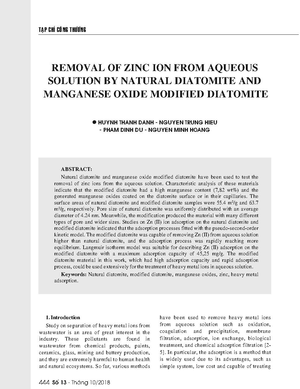 Removal of zinc ion from aqueous solution by natural diatomite and manganese oxide modified diatomite