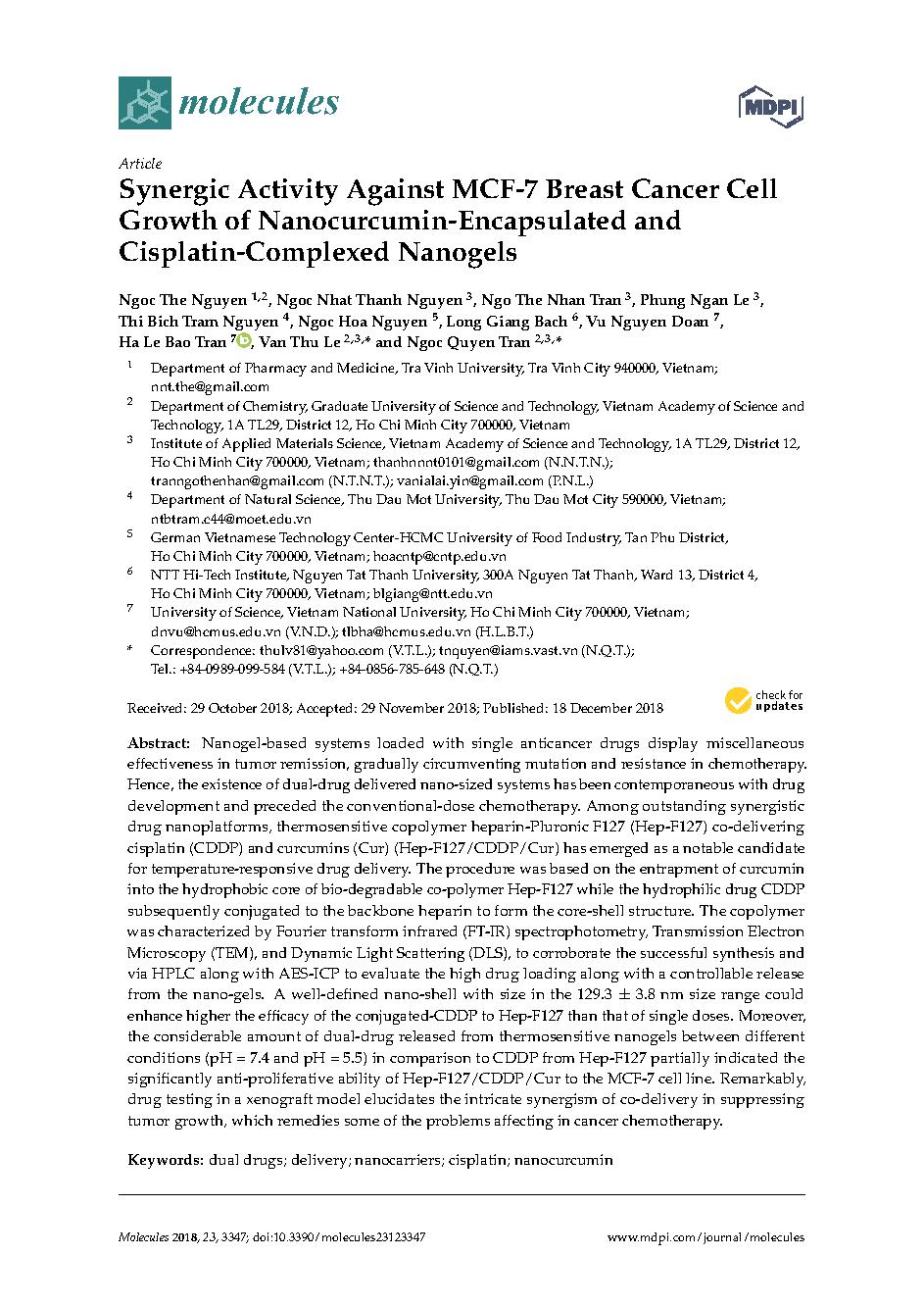 Synergic Activity Against MCF-7 Breast Cancer Cell Growth of Nanocurcumin-Encapsulated and Cisplatin-Complexed Nanogels