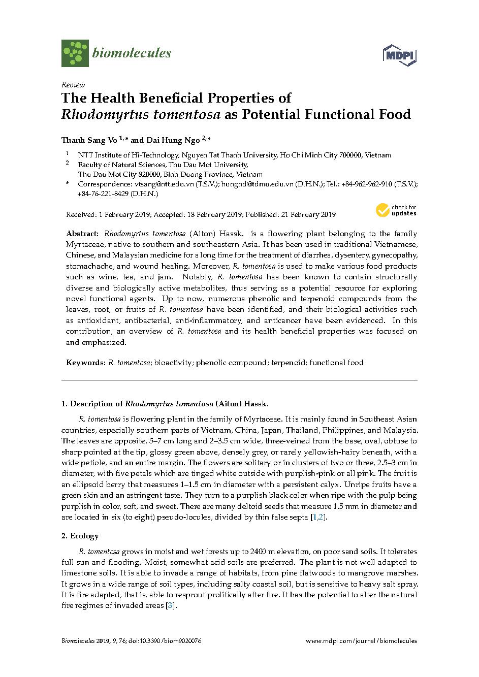 The Health Beneï¬cial Properties of Rhodomyrtus tomentosa as Potential Functional Food