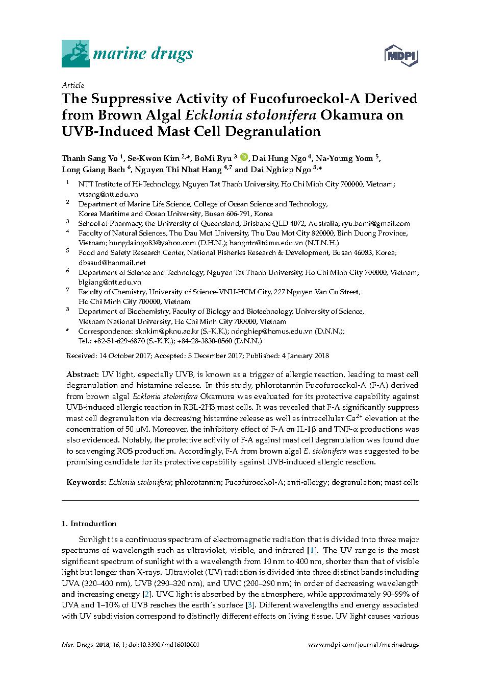 The Suppressive Activity of Fucofuroeckol-A Derived from Brown Algal Ecklonia stolonifera Okamura on UVB-Induced Mast Cell Degranulation