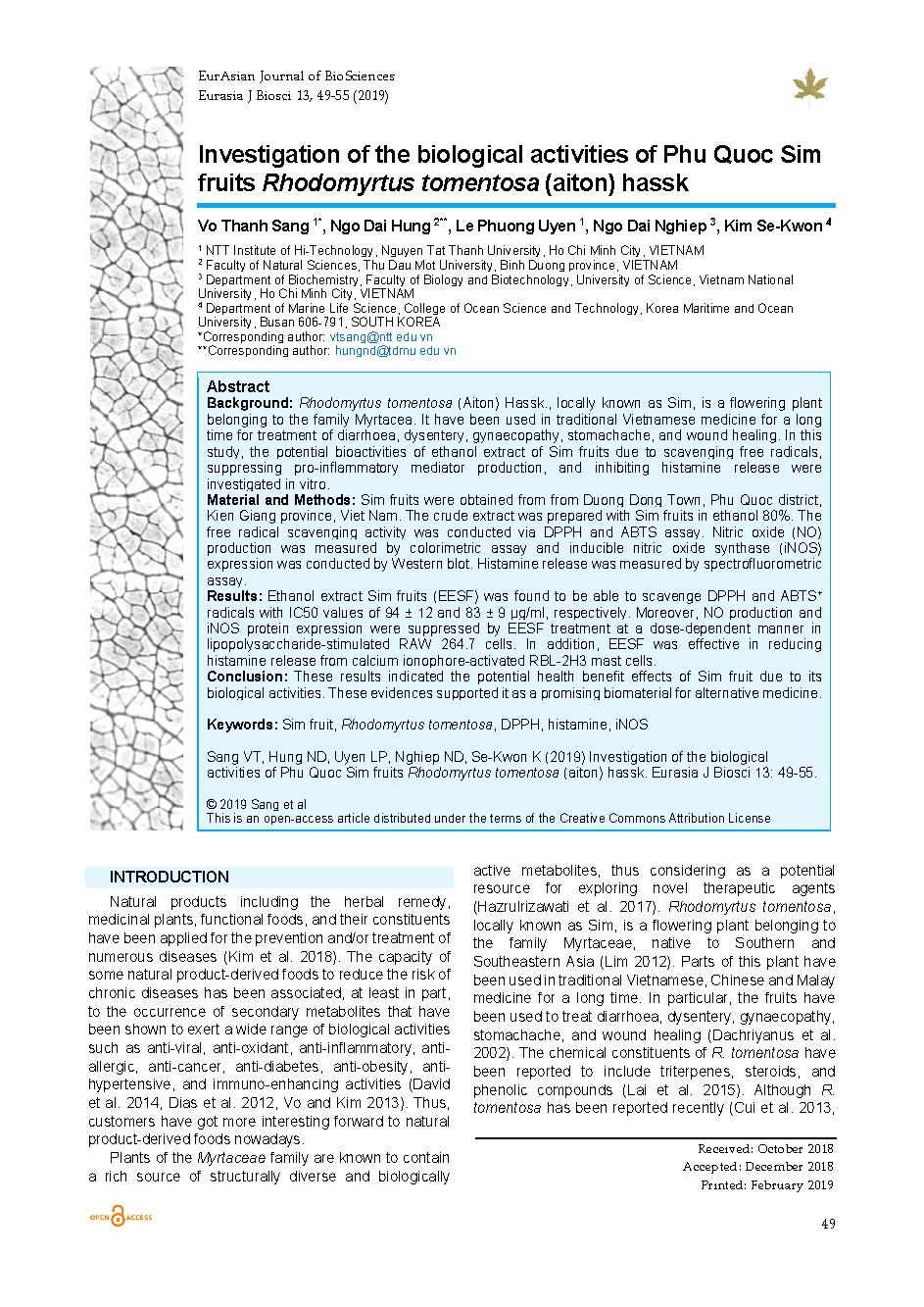 Investigation of the biological activities of Phu Quoc Sim fruits Rhodomyrtus tomentosa (aiton) hassk