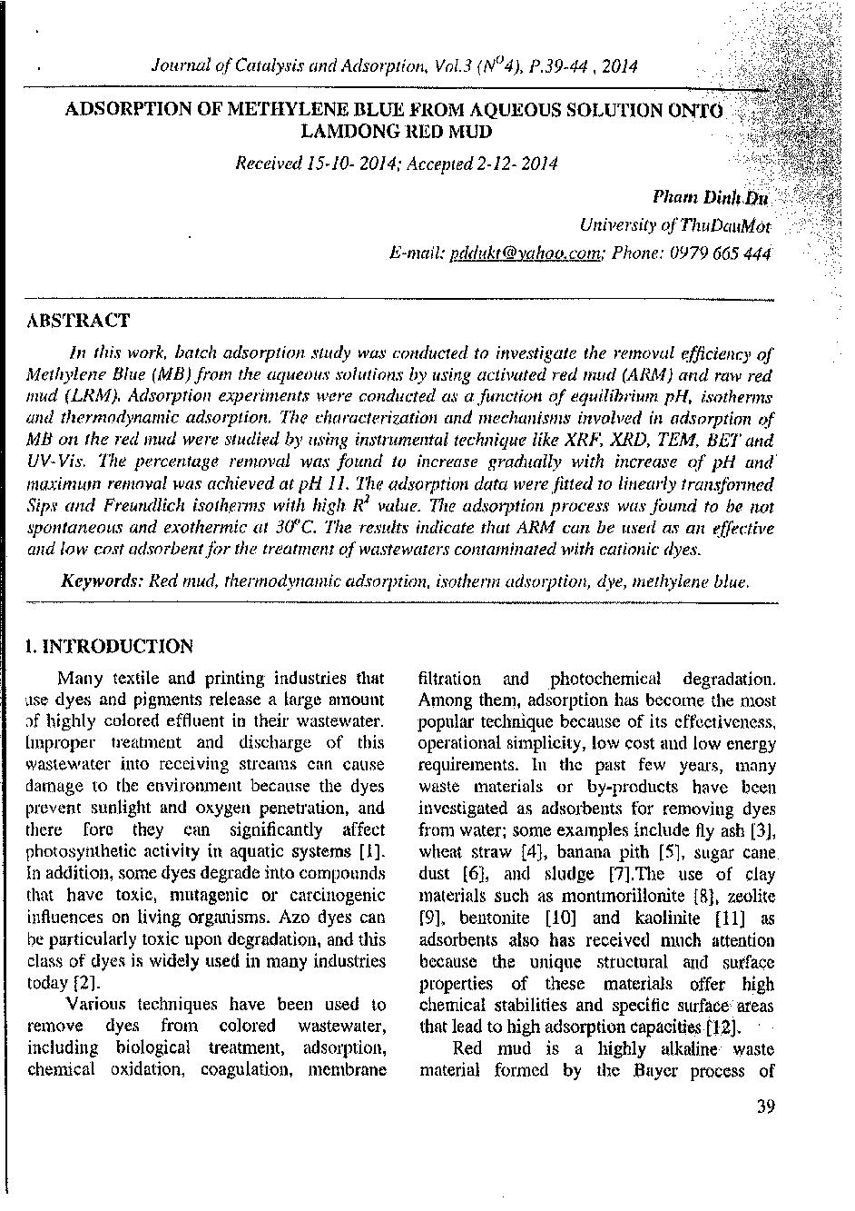 Adsorption of methylene blue form aqueous solution onto LamDong red mud