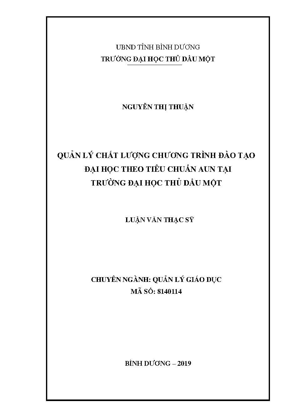 Quản lý chất lượng chương trình đào tạo đại học theo tiêu chuẩn AUN tại trường đại học Thủ Dầu Một