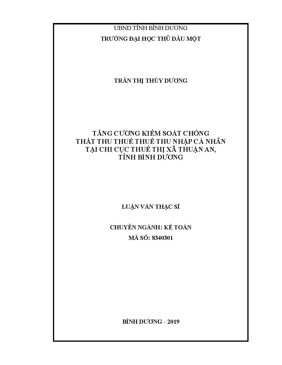 Tăng cường kiểm soát chống thất thu thuế thu nhập cá nhân tại chi cục thuế, thị xã Thuận An, tỉnh Bình Dương