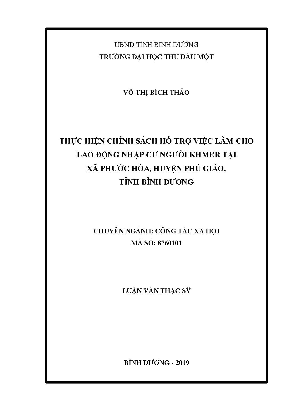 Thực hiện chính sách hỗ trợ việc làm cho lao động nhập cư người Khmer tại xã Phước Hòa, huyện Phú Giáo, tỉnh Bình Dương