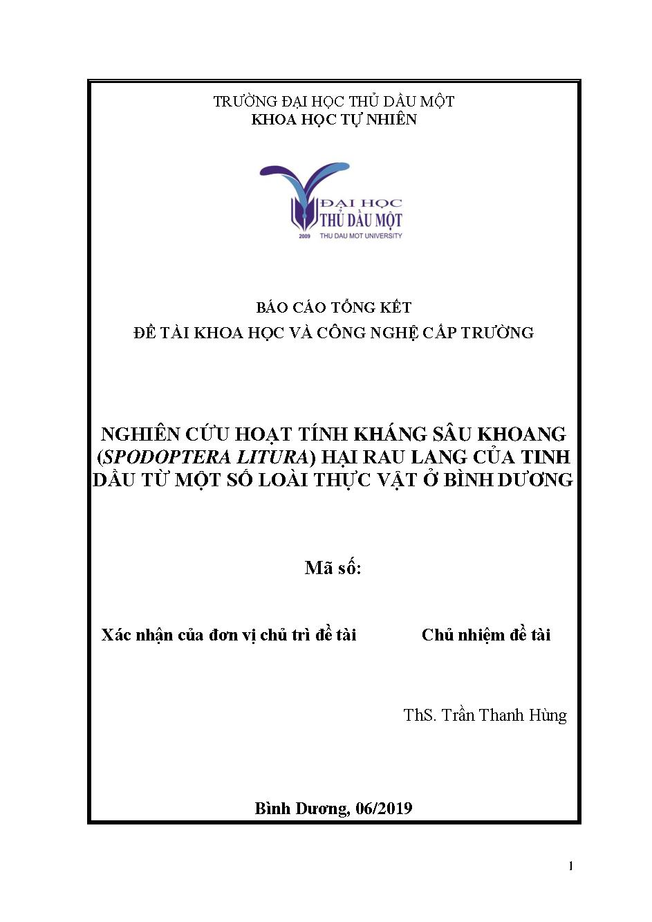 Nghiên cứu hoạt tính kháng Sâu khoang (Spodoptera litura) hại rau lang của tinh dầu từ một số loài thực vật ở Bình Dương