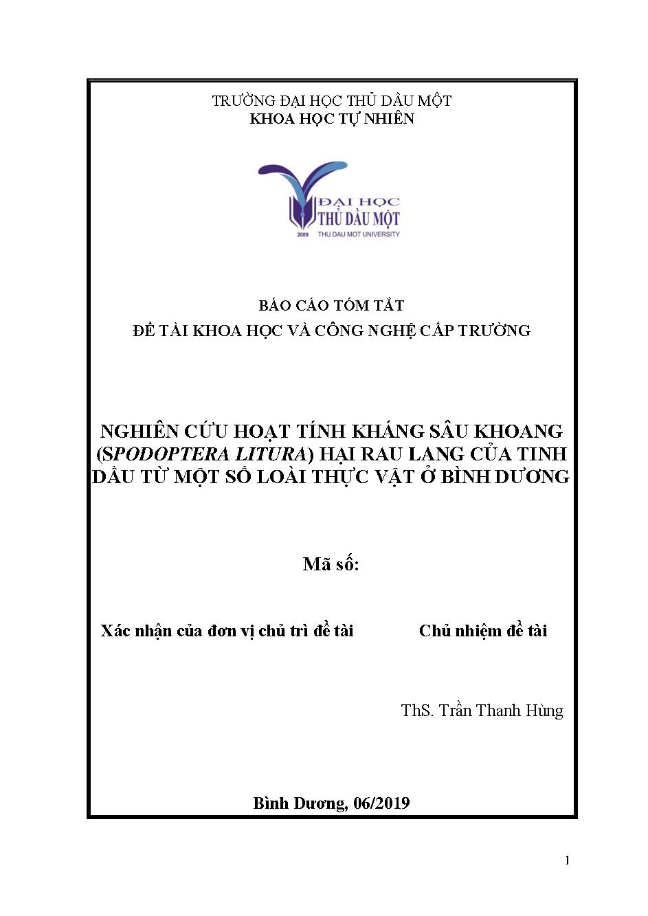 Nghiên cứu hoạt tính kháng Sâu khoang (Spodoptera litura) hại rau lang của tinh dầu từ một số loài thực vật ở Bình Dương