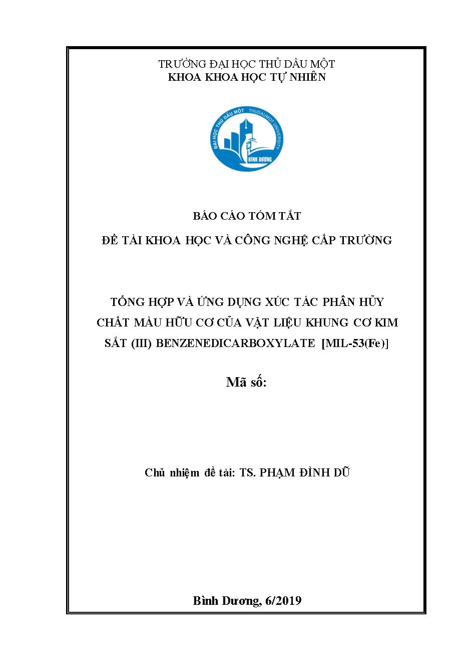 Tổng hợp và ứng dụng xúc tác phân hủy chất màu hữu cơ của vật liệu khung cơ kim sắt (III) Benzenedicarboxylate [MIL-53(Fe)]