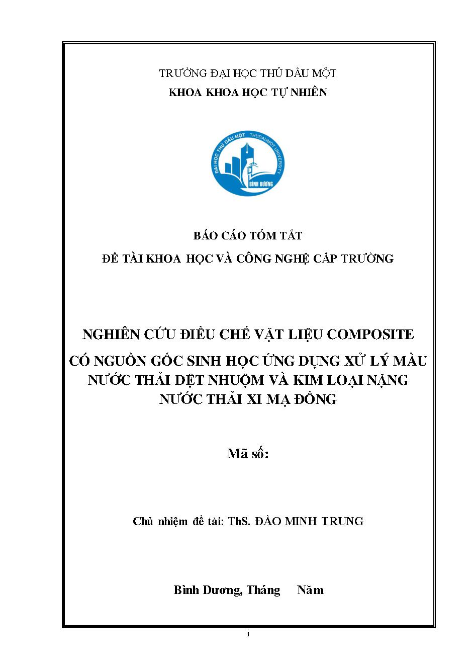 Nghiên cứu điều chế vật liệu composite có nguồn gốc sinh học ứng dụng xử lý màu nước thải dệt nhuộm và kim loại nặng nước thải xi mạ đồng