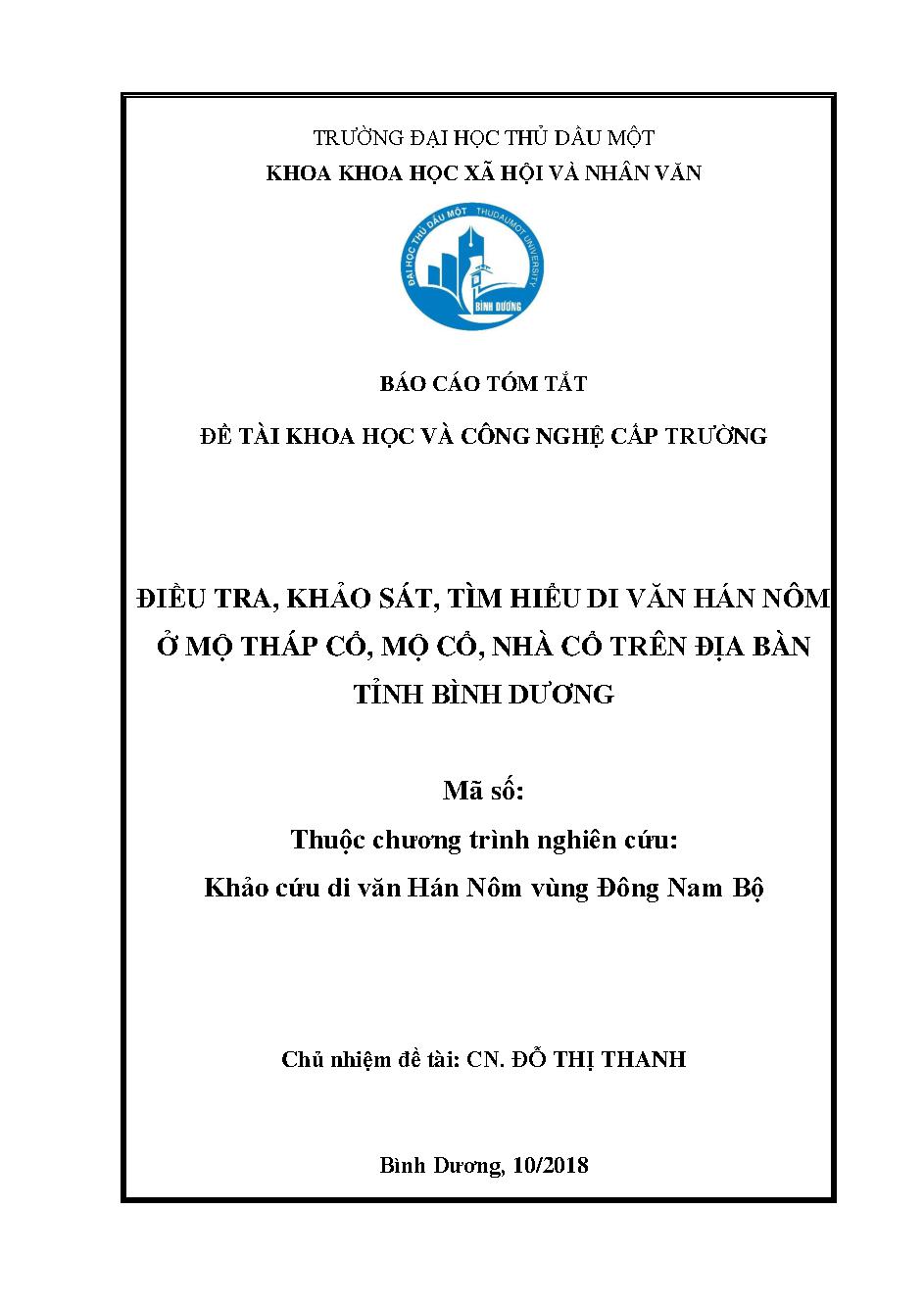 Điều tra, khảo sát, tìm hiểu di văn Hán Nôm ở mộ tháp cổ, mộ cổ, nhà cổ trên địa bàn tỉnh Bình Dương