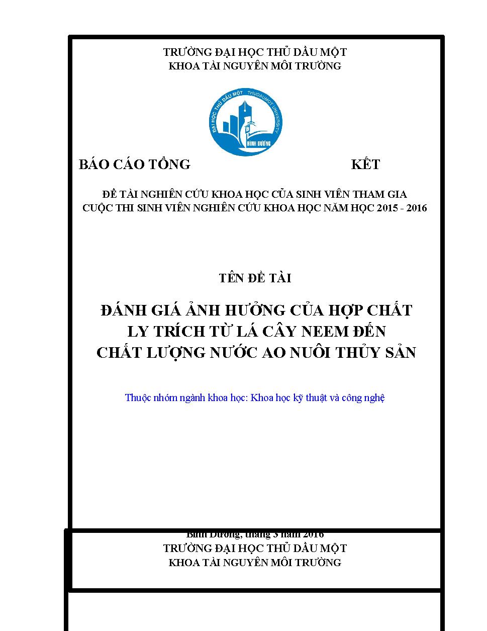 Đánh giá ảnh hưởng của hợp chất ly trích từ cây neem đến chất lượng nước ao nuôi thủy sản