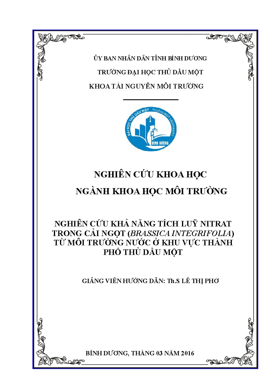 Nghiên cứu khả năng tích luỹ Nitrat trong cải ngọt (brassica integrifolia) từ môi trường nước ở khu vực thành phố Thủ Dầu Một