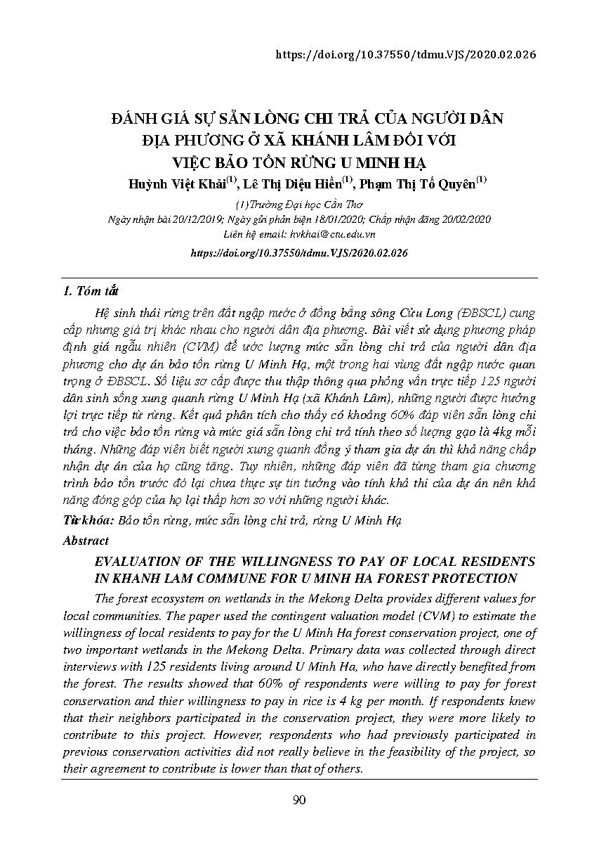 Đánh giá sự sẵn lòng chi trả của người dân địa phương ở xã Khánh Lâm đối với việc bảo tồn rừng U Minh Hạ