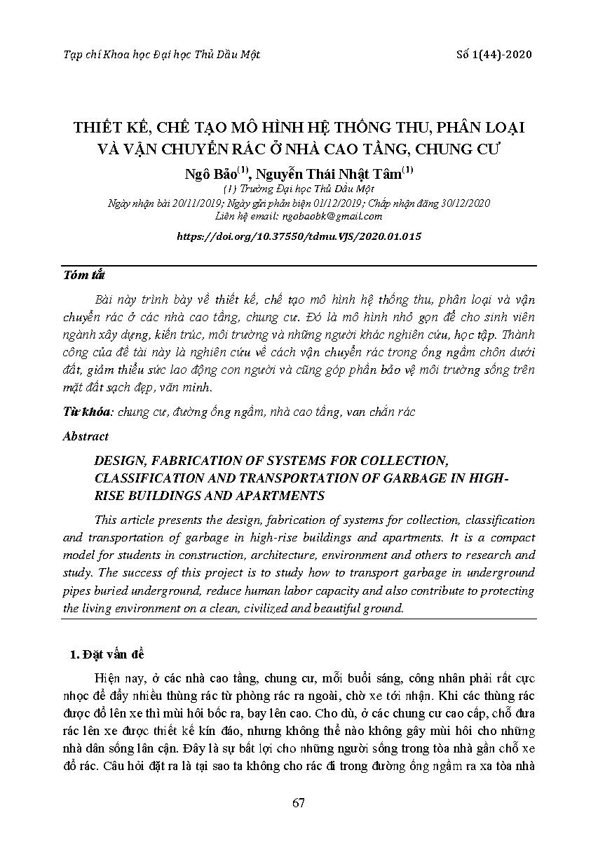 Thiết kế, chế tạo mô hình hệ thống thu, phân loại và vận chuyển rác ở nhà cao tầng, chung cư