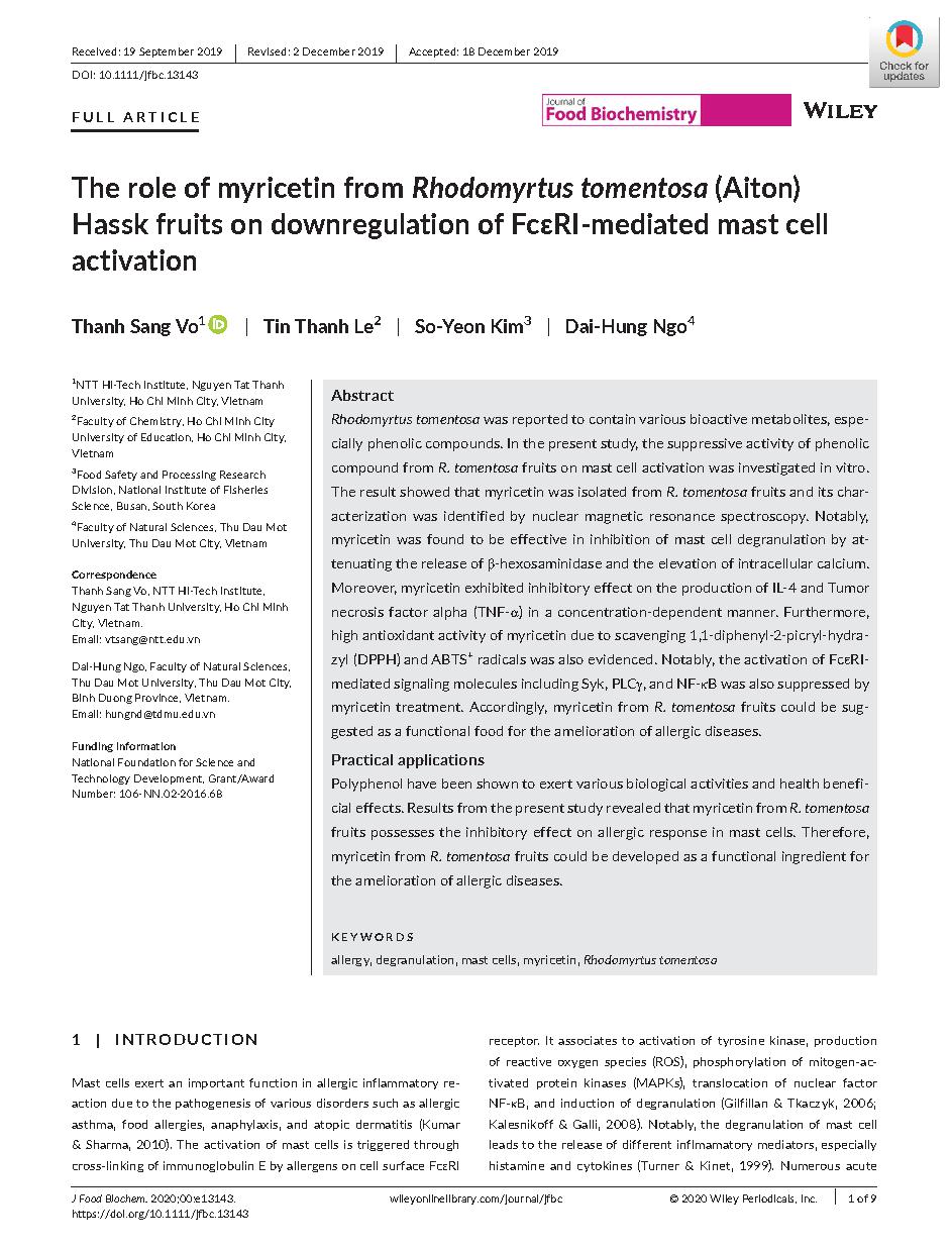 The role of myricetin from Rhodomyrtus tomentosa (Aiton) Hassk fruits on downregulation of FcɛRI-mediated mast cell activation