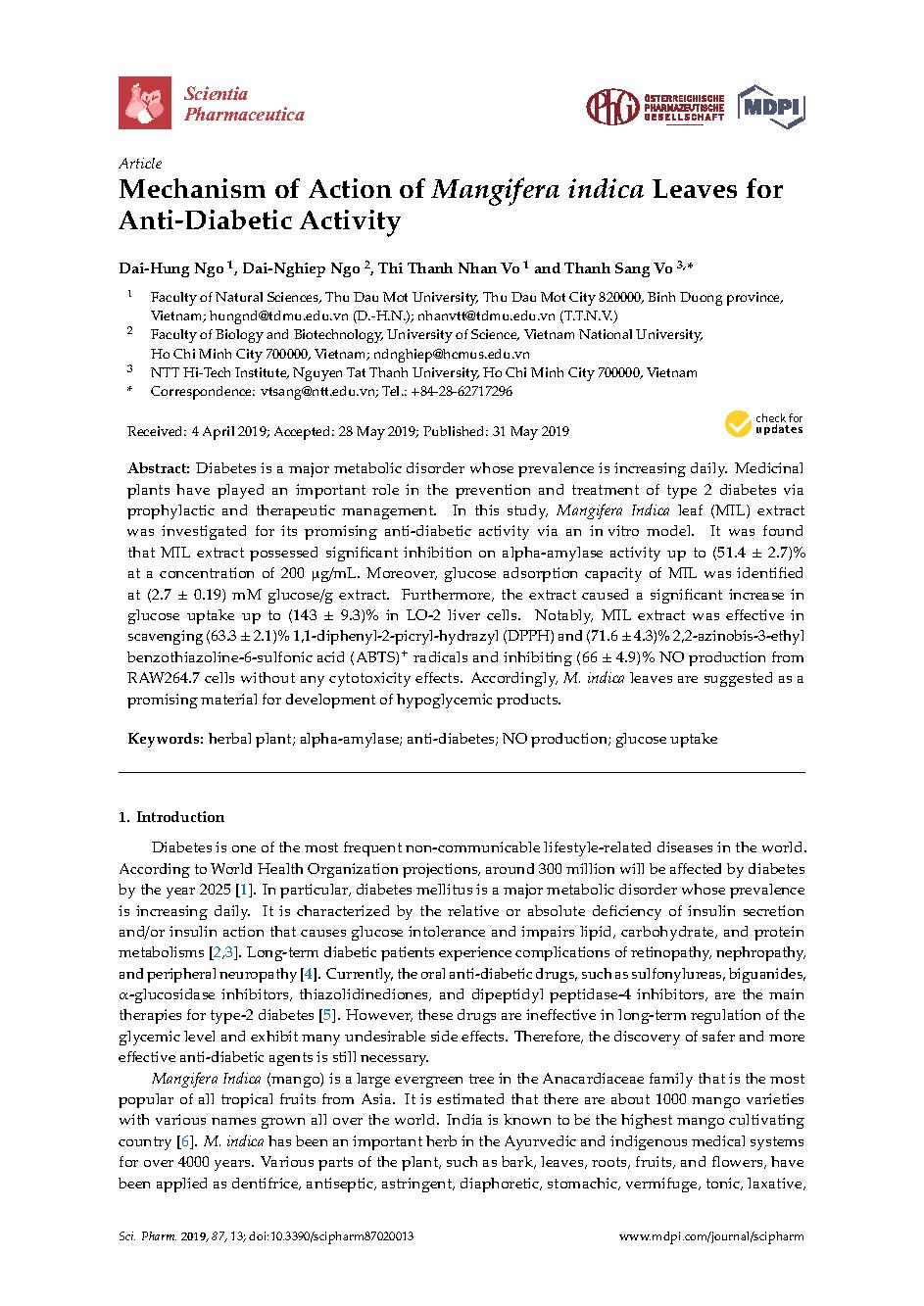 Mechanism of Action of Mangifera indica Leaves for Anti-Diabetic Activity