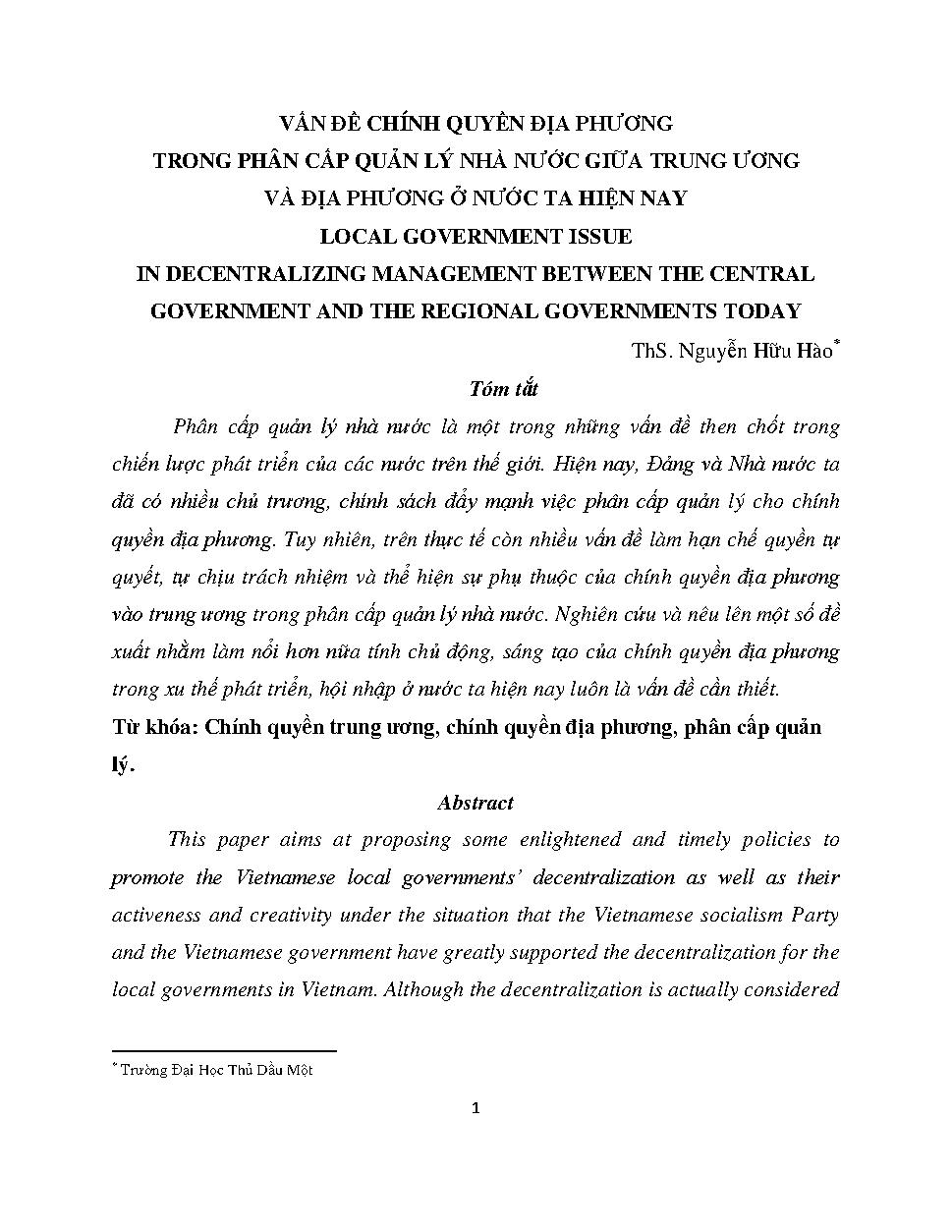 Vấn đề chính quyền địa phương trong phân cấp quản lý nhà nước giữa trung ương và địa phương ở nước ta hiện nay =