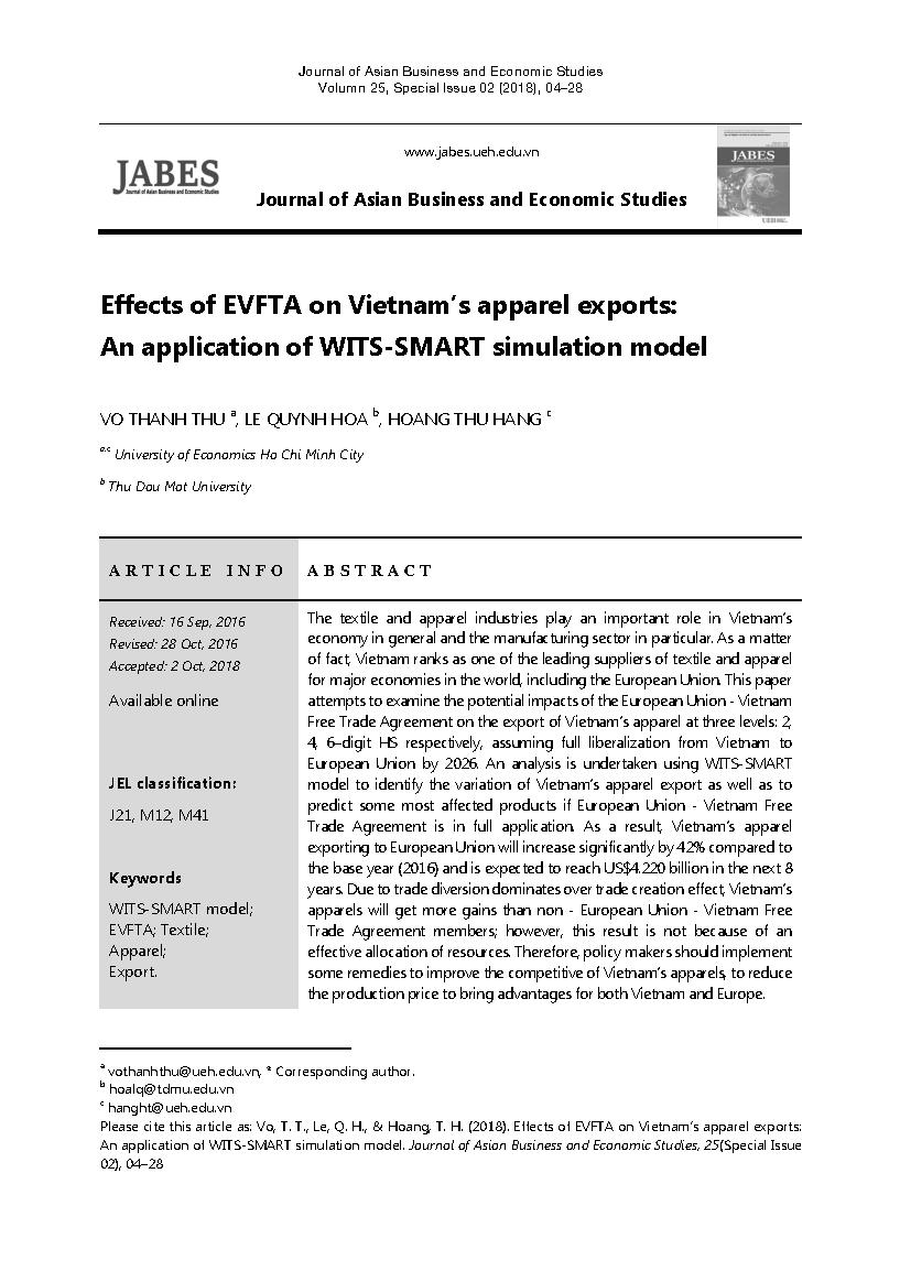 Effects of EVFTA on Vietnam’s apparel exports: An application of WITS-SMART simulation model