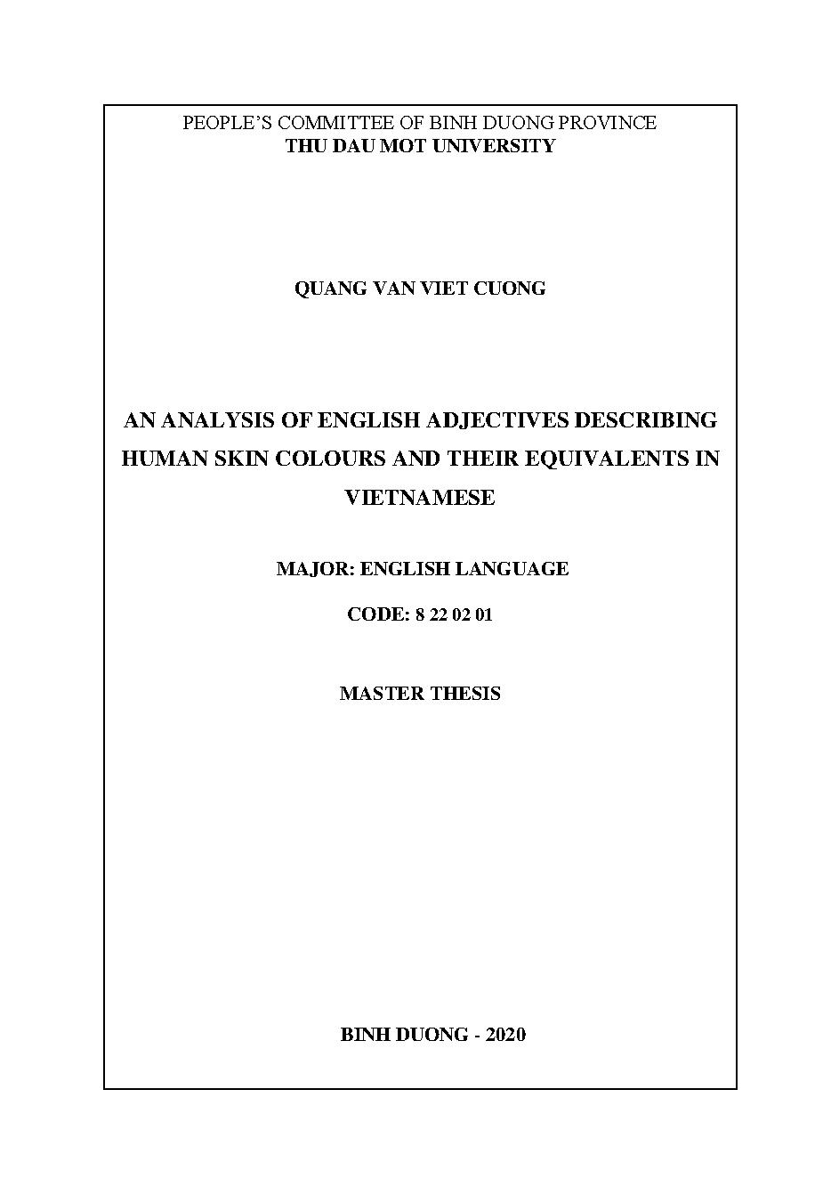 An analysis of English adjectives describing human skin colours and their equivalents in Vietnamese