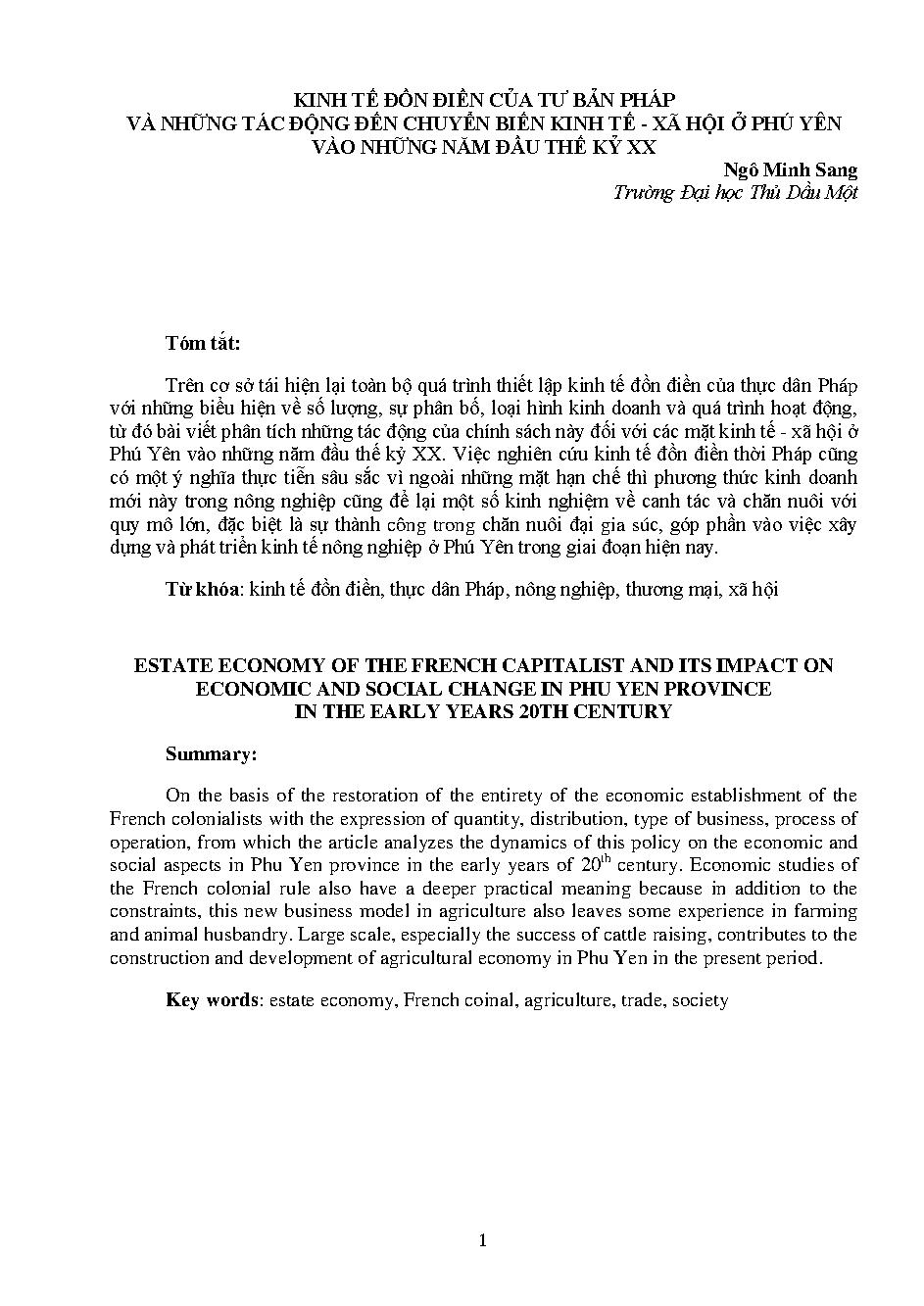 Kinh tế đồn điền của tư bản Pháp và những tác động đến chuyển biến kinh tế - xã hội ở Phú Yên vào những năm đầu thế kỷ XX