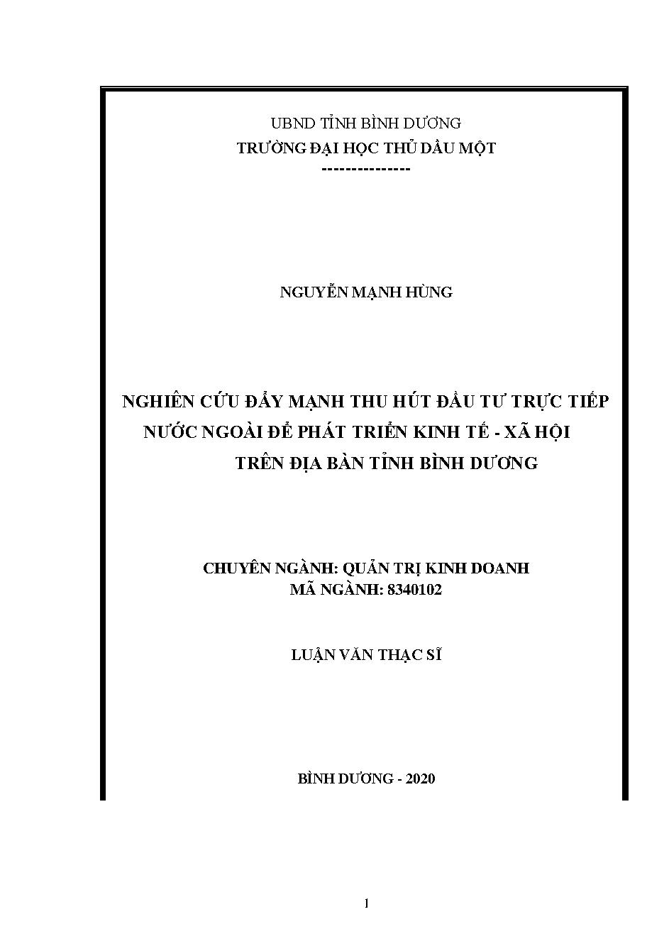 Nghiên cứu đẩy mạnh thu hút đầu tư trực tiếp nước ngoài để phát triển kinh tế - xã hội trên địa bàn tỉnh Bình Dương