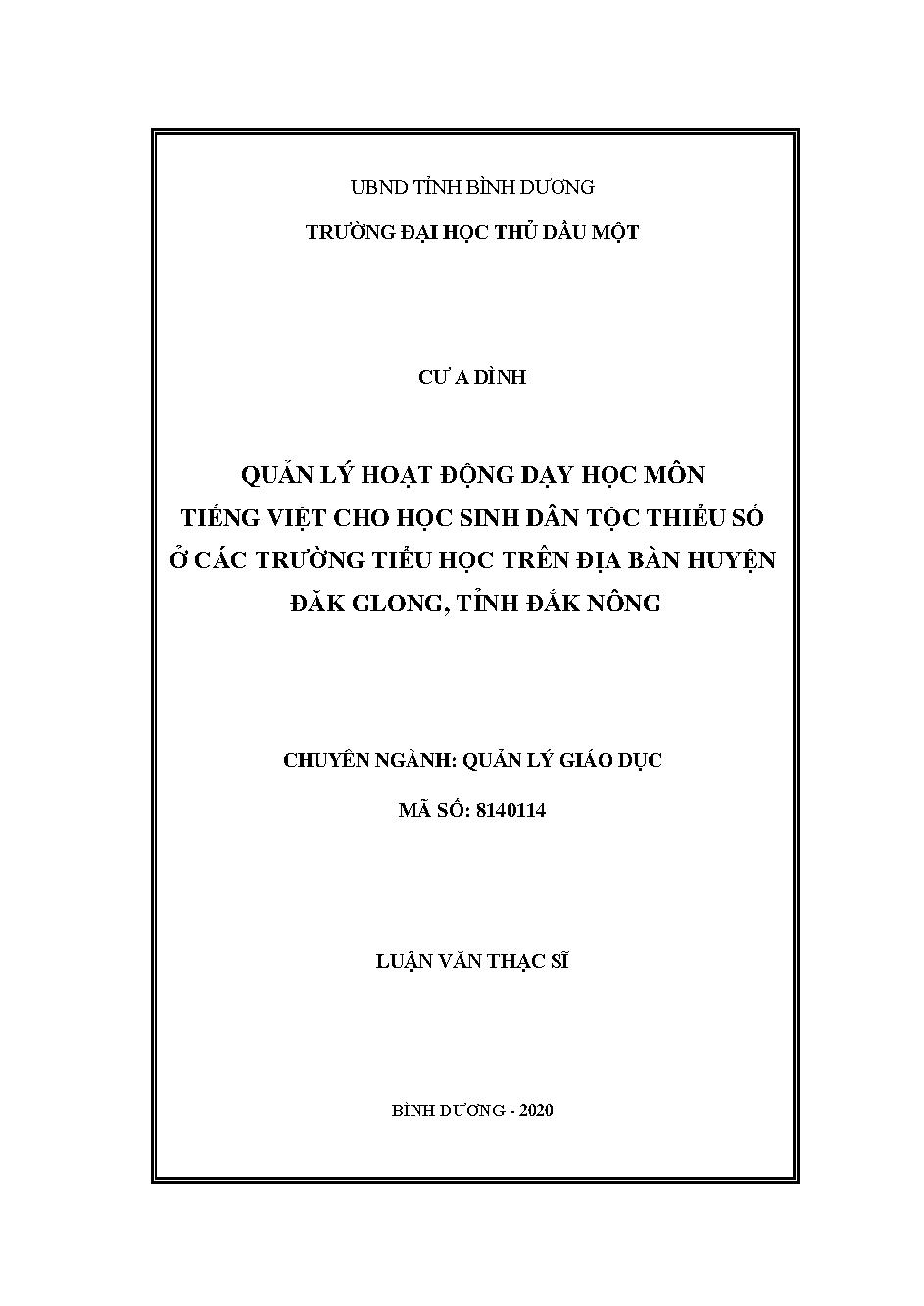 Quản lý hoạt động dạy học môn Tiếng Việt cho học sinh dân tộc thiểu số ở các trường tiểu học trên địa bàn huyện Đăk Glong, tỉnh Đắk Nông