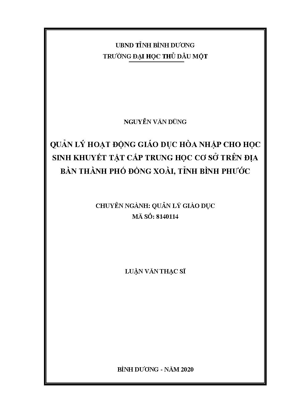 Quản lý hoạt động giáo dục hòa nhập cho học sinh khuyết tật cấp trung học cơ sở trên địa bàn thị xã Đồng Xoài, tỉnh Bình Phước