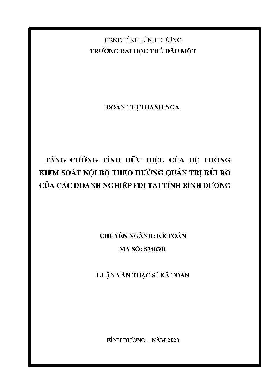 Tăng cường tính hữu hiệu của hệ thống kiểm soát nội bộ theo hướng quản trị rủi ro của các doanh nghiệp FDI tại tỉnh Bình Dương