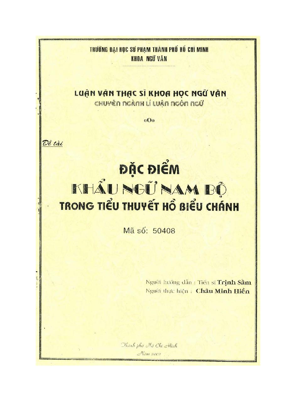 Đặc điểm khẩu ngữ Nam Bộ trong tiểu thuyết Hồ Biểu Chánh