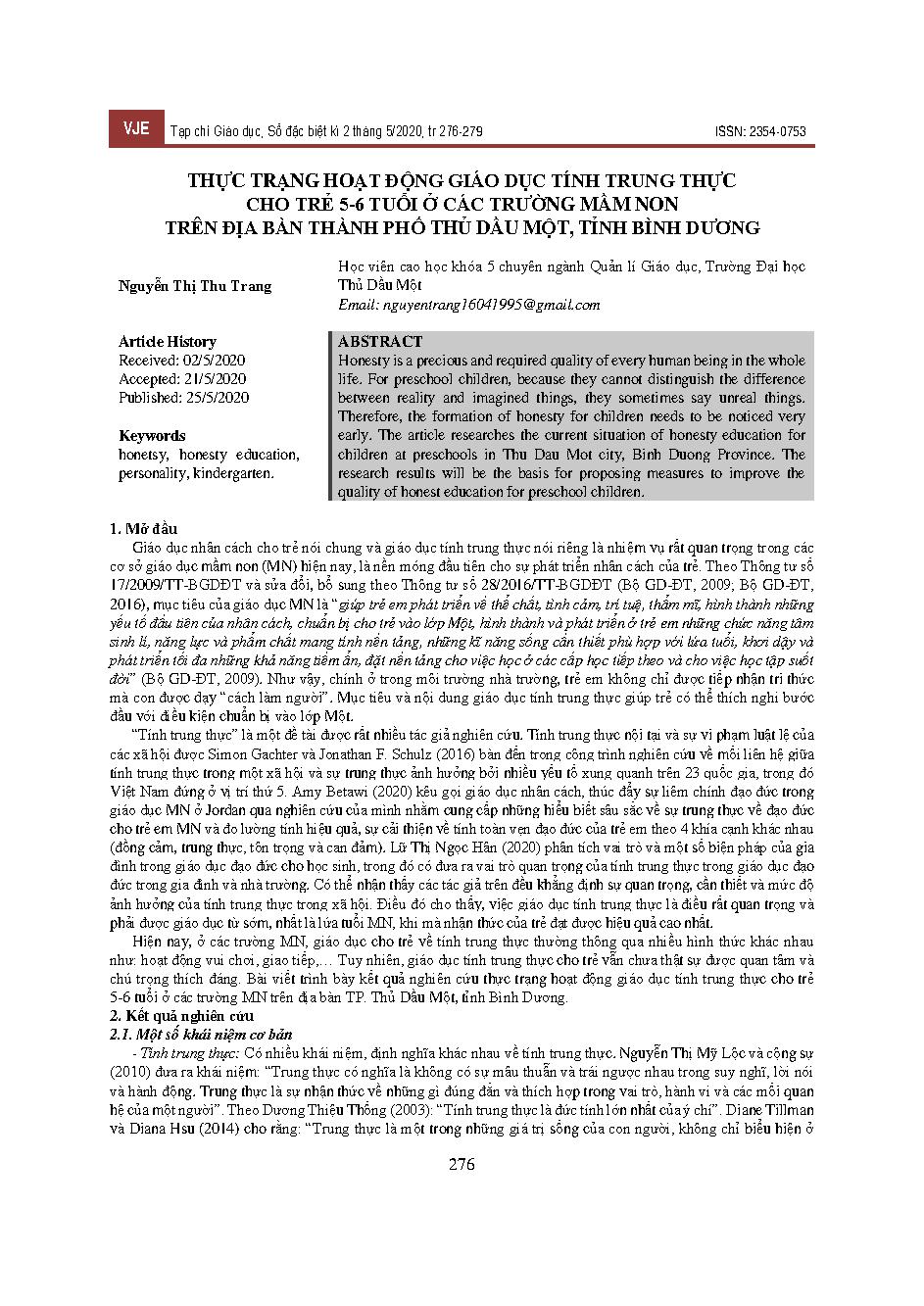 Thực trạng hoạt động giáo dục tính trung thực cho trẻ 5-6 tuổi ở các trường mầm non trên địa bàn thành phố Thủ Dầu Một, tỉnh Bình Dương