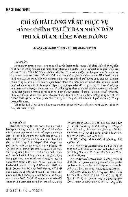 Chỉ số hài lòng về sự phục vụ hành chính tại Ủy ban nhân dân thị xã Dĩ An, tỉnh Bình Dương