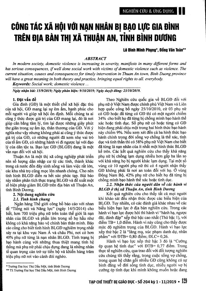 Công tác xã hội đối với nạn nhân bạo lực gia đình trên địa bàn thị xã Thuận An, tỉnh Bình Dương