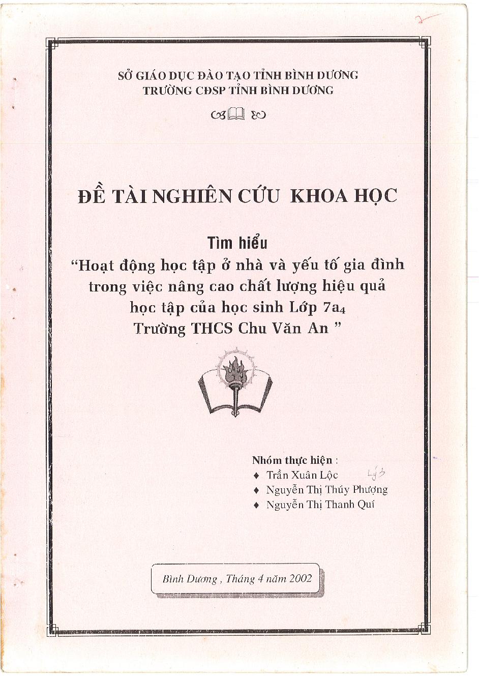 Tìm hiểu "Hoạt động học tập ở nhà và yếu tố gia đình trong việc nâng cao chất lượng hiệu quả học tập của học sinh Lớp 7a4 Trường THCS Chu Văn An"