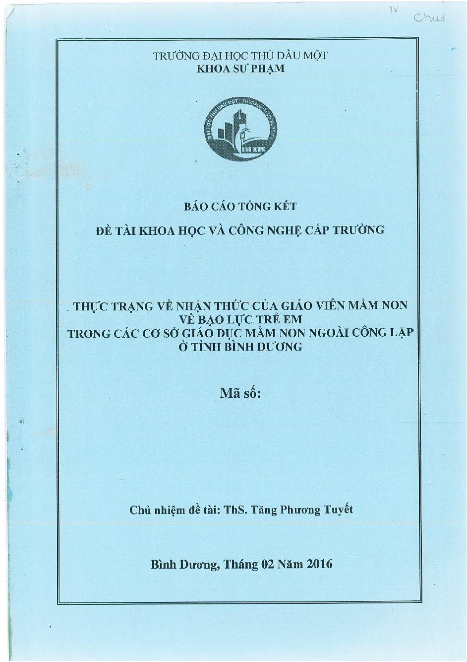 Thực trạng về nhận thức của giáo viên mầm non về bạo lực trẻ em trong các cơ sở giáo dục mầm non ngoài công lập ở tỉnh Bình Dương