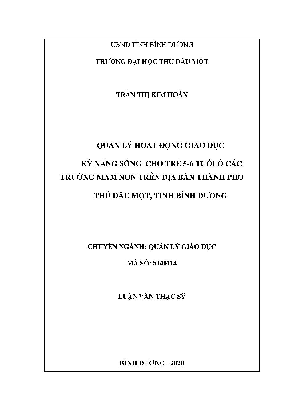 Quản lý hoạt động giáo dục kỹ năng sống cho trẻ 5-6 tuổi ở các trường mầm non trên địa bàn thành phố Thủ Dầu Một, tỉnh Bình Dương