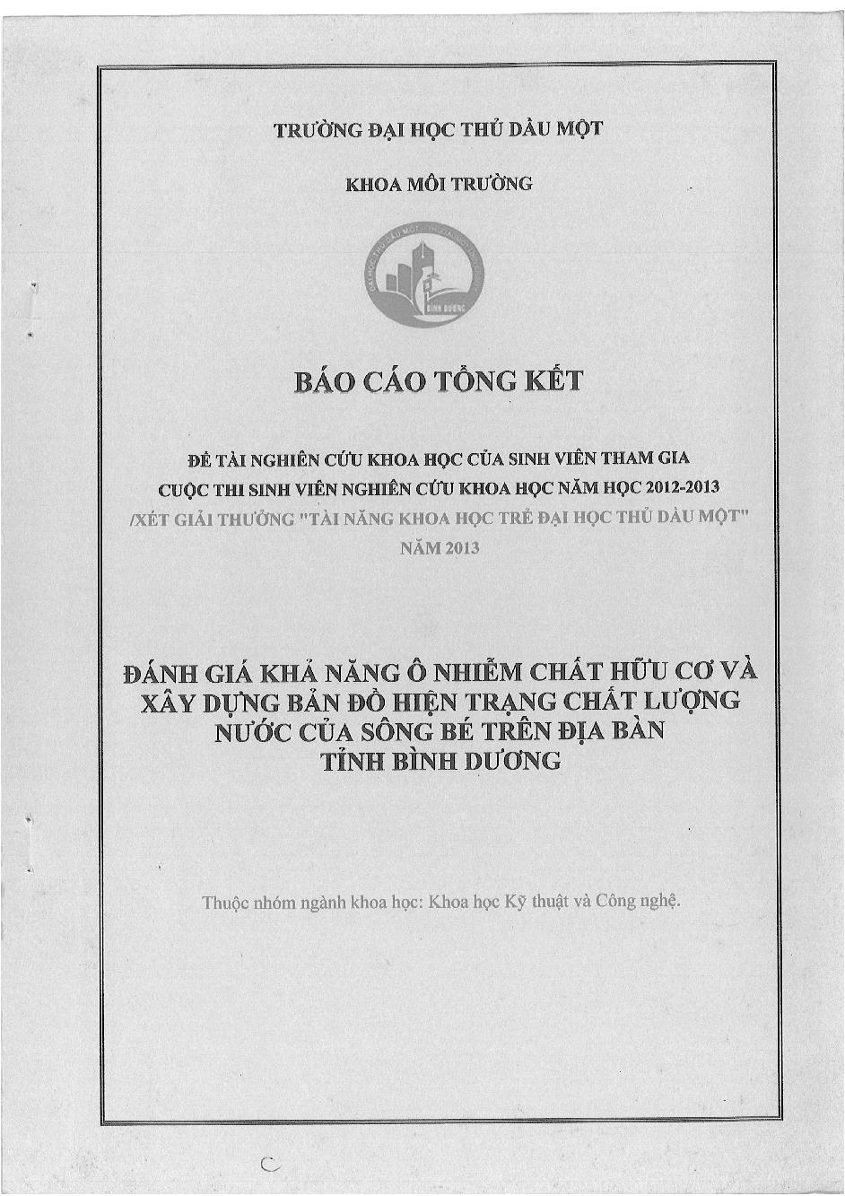 Đánh giá khả năng ô nhiễm chất hữu cơ và xây dựng bản đồ hiện trạng chất lượng nước của sông Bé trên địa bàn tỉnh Bình Dương